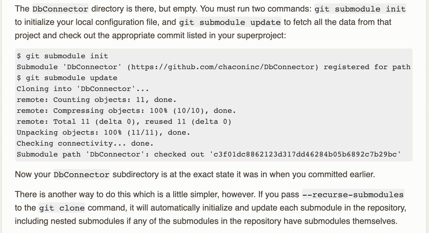 git submodule documentation section denoting the git submodule init and git submodule update flow